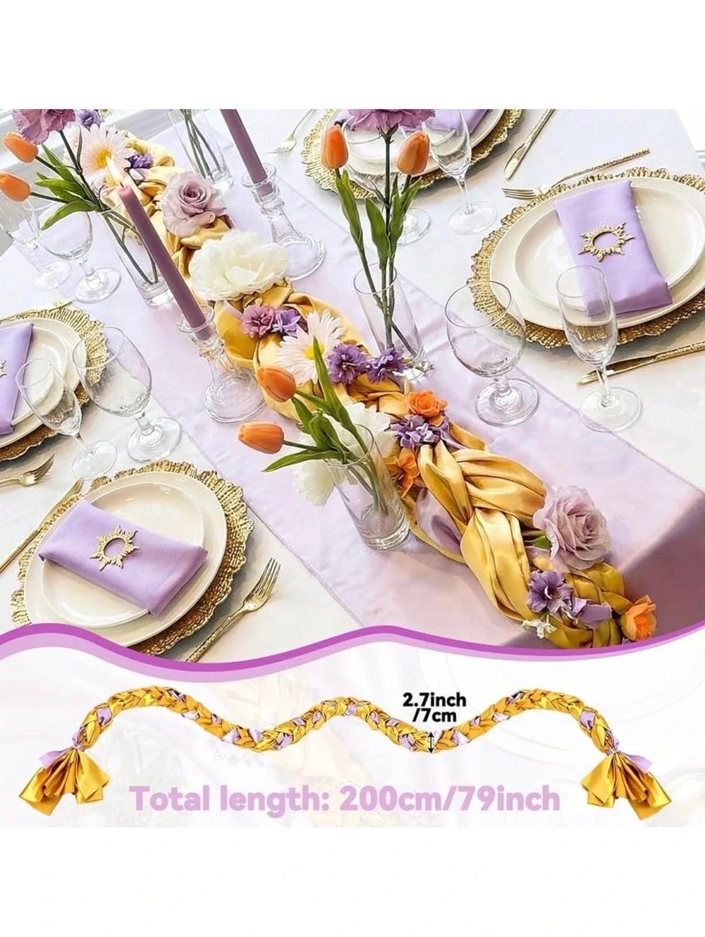 NWT Princess Theme Braided Table Runner Purple and Gold Satin 79 Inch